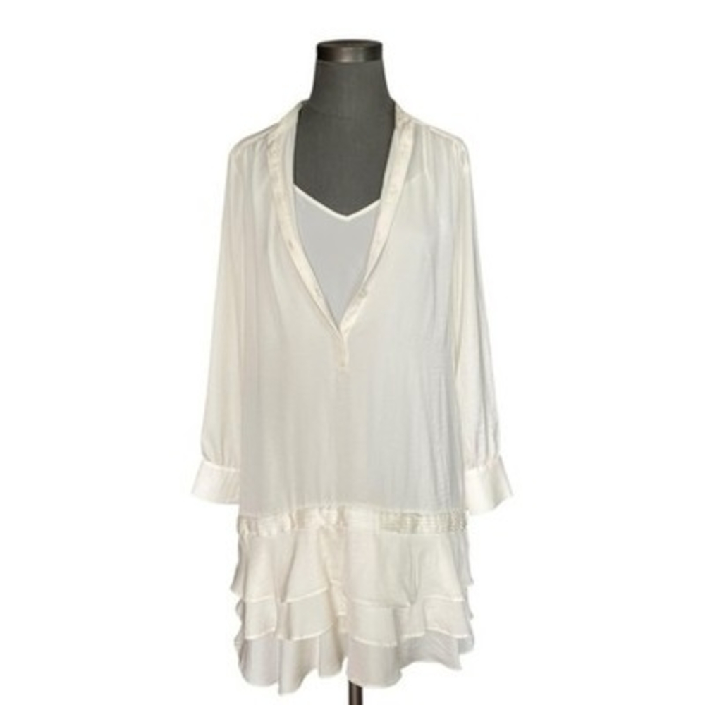 Banana Republic Ivory Tiered Ruffle Hem Tunic Dress Long Sleeve Button Size 4 VG - Picture 6 of 8